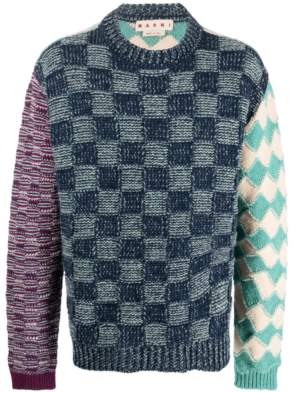 MARNI CHECKED PATCHWORK VIRGIN WOOL JUMPER