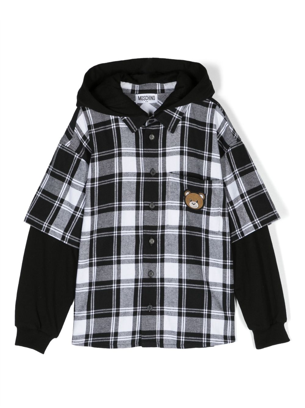 Moschino Kids Teddy Bear-patch hooded check shirt - Black