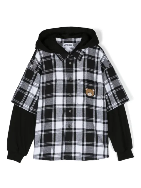 Moschino Kids Teddy Bear-patch hooded check shirt