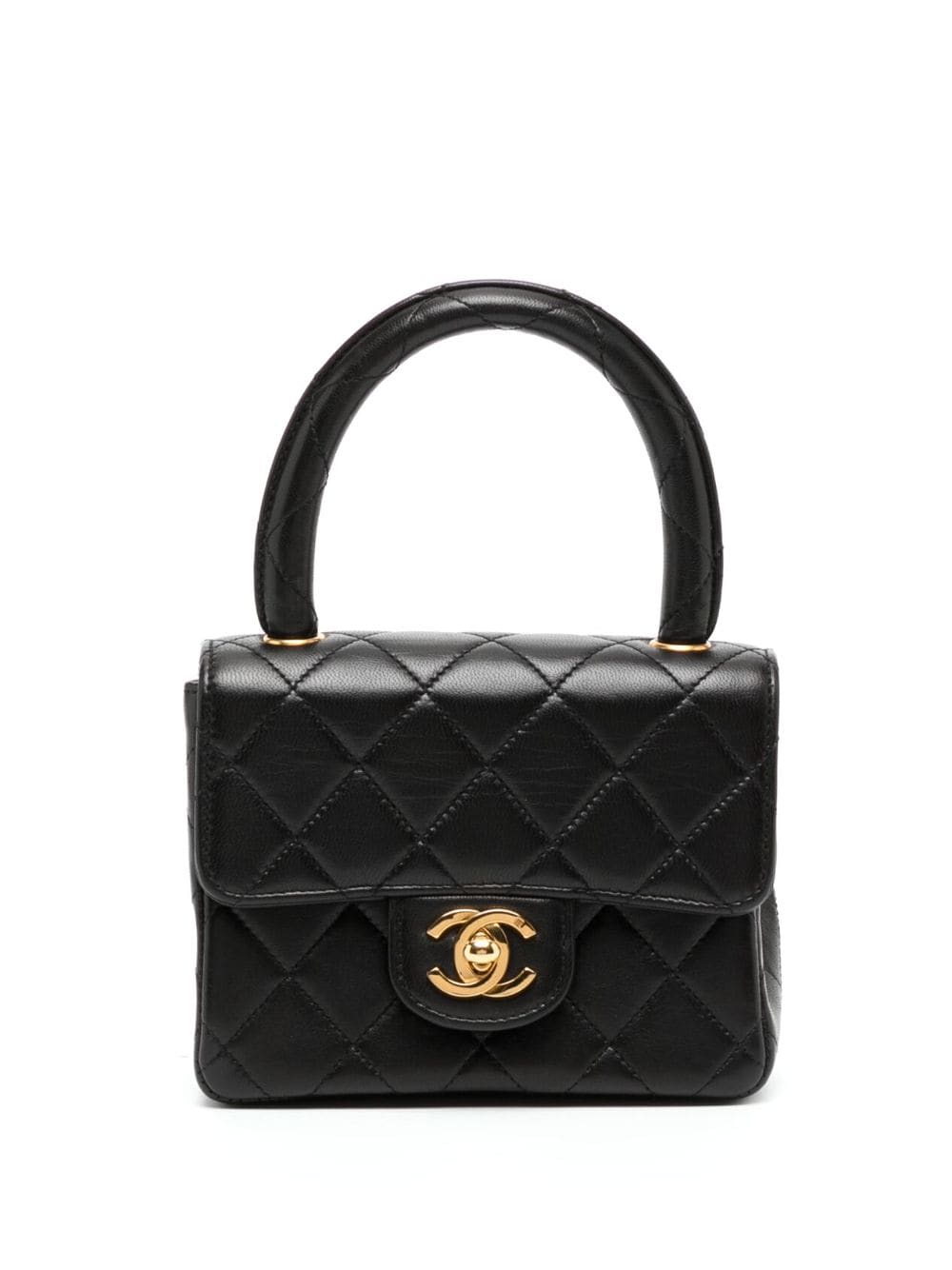 CHANEL CC LOGO TURN LOCK MICRO MINI KELLY TOP HANDLE BROWN QUILTED LEATHER  BAG - VINTAGE