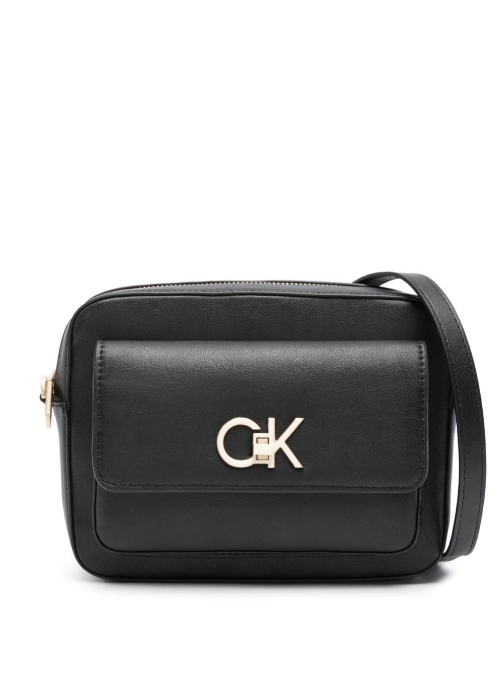 Shop Calvin Klein Logo-plaque Faux Leather Crossbody Bag In Black