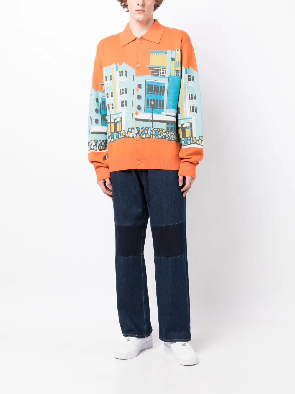 Shop Billionaire Boys Club Graphic-print Polo-collar Cardigan In Orange