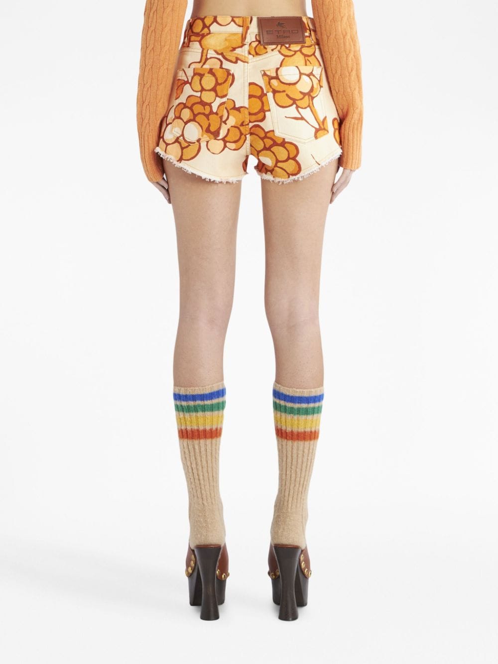 Shop Etro Berry-print Denim Shorts In Orange