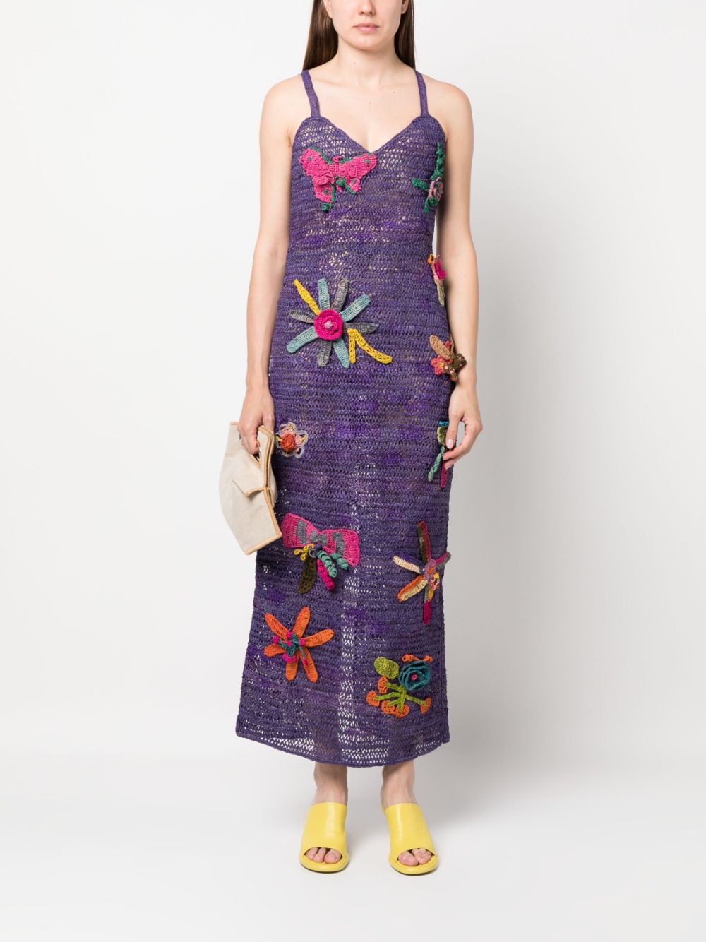 MADE FOR A WOMAN flower-appliqué raffia dress - Paars