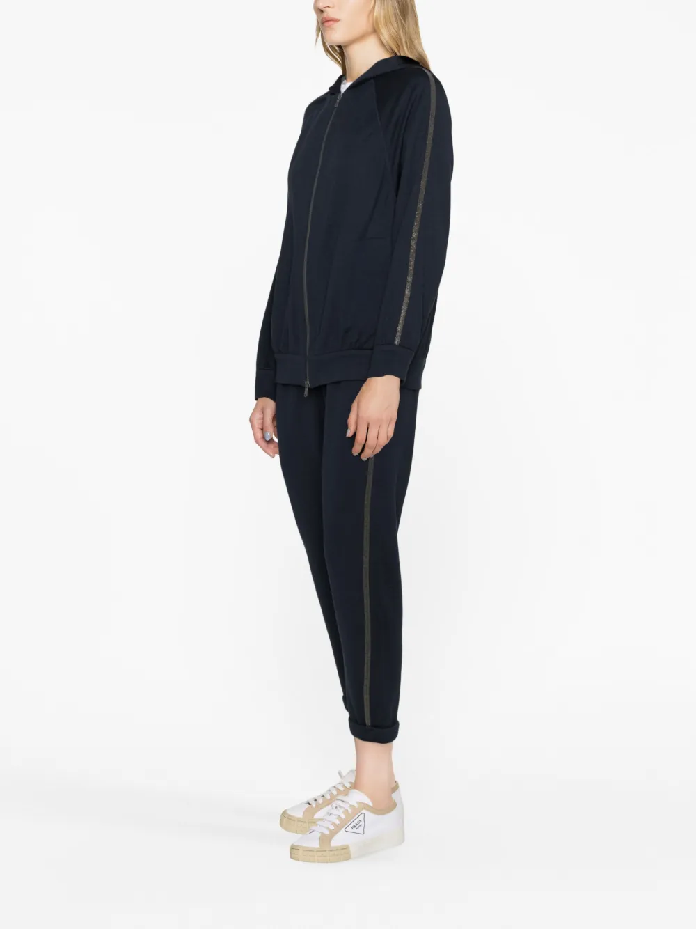 Brunello Cucinelli Monili-trimmed Zipped Hoodie In 蓝色