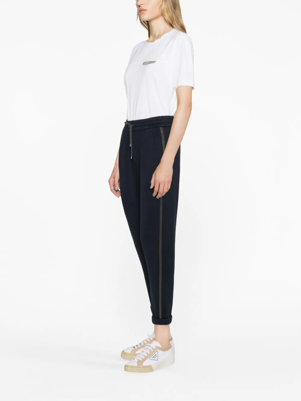 Brunello Cucinelli Monili-trimmed Cropped Track Pants In Blau