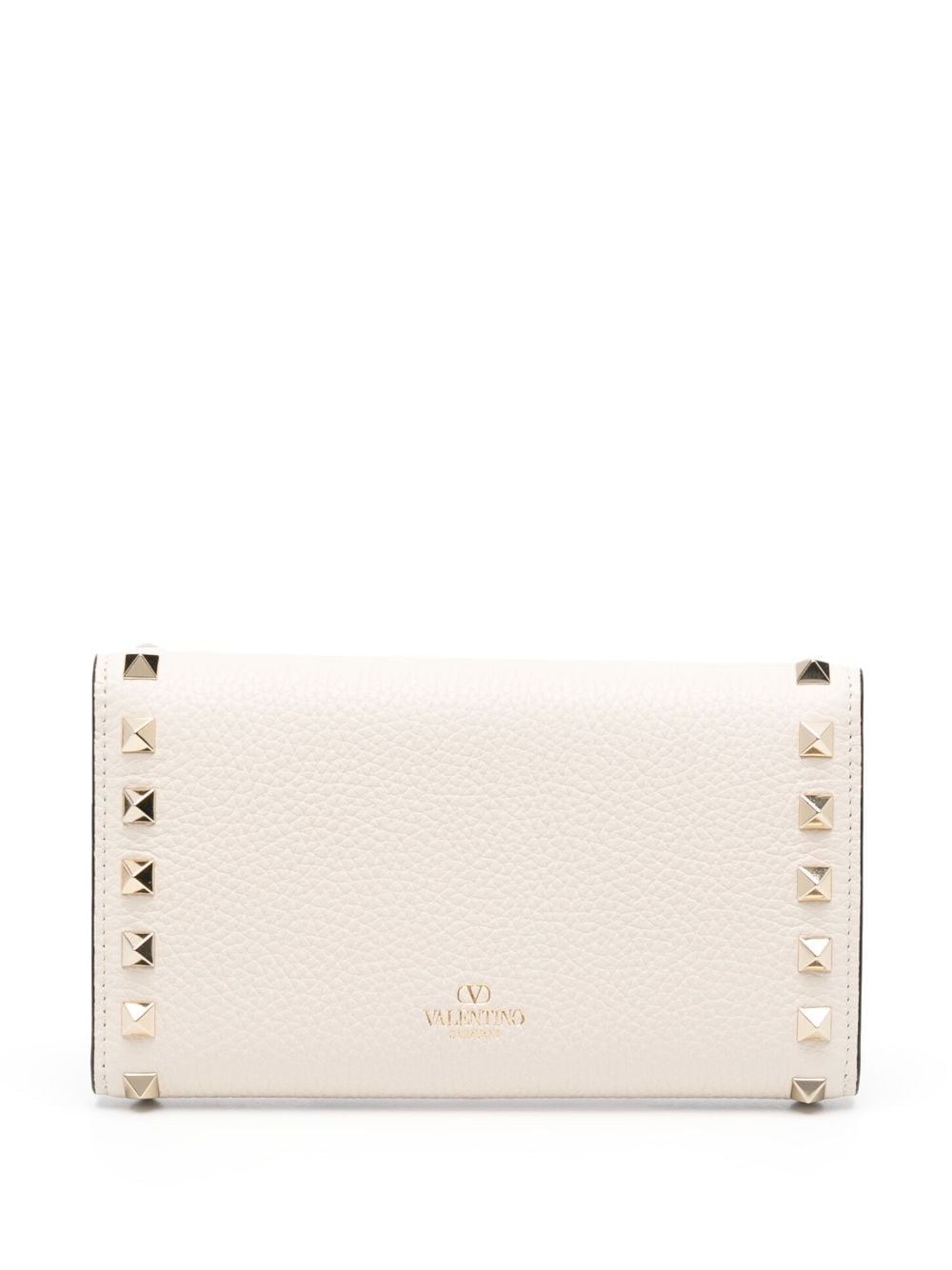 Shop Valentino Rockstud Tri-fold Leather Wallet In Neutrals