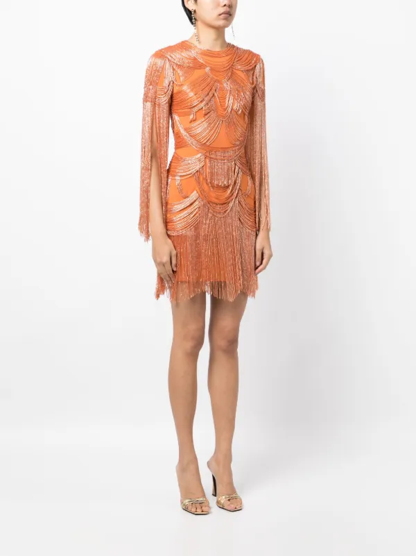 knee length dresses for ladies Orange Aztec Fringed Mini Dress – The Fringe 17 Boutique main image 1
