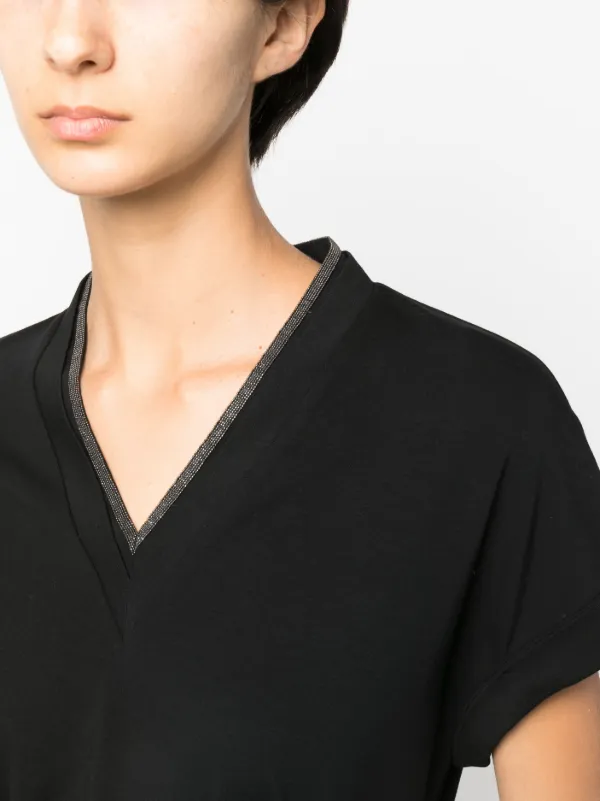 Brunello Cucinelli Monili-trim V-neck T-shirt | Black | FARFETCH