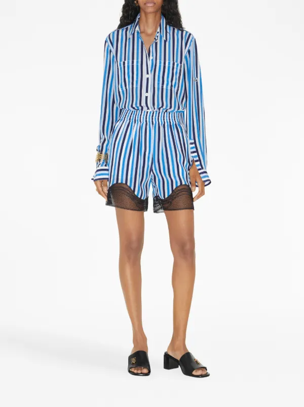Burberry lace-trim Striped Silk Shorts | Blue | FARFETCH