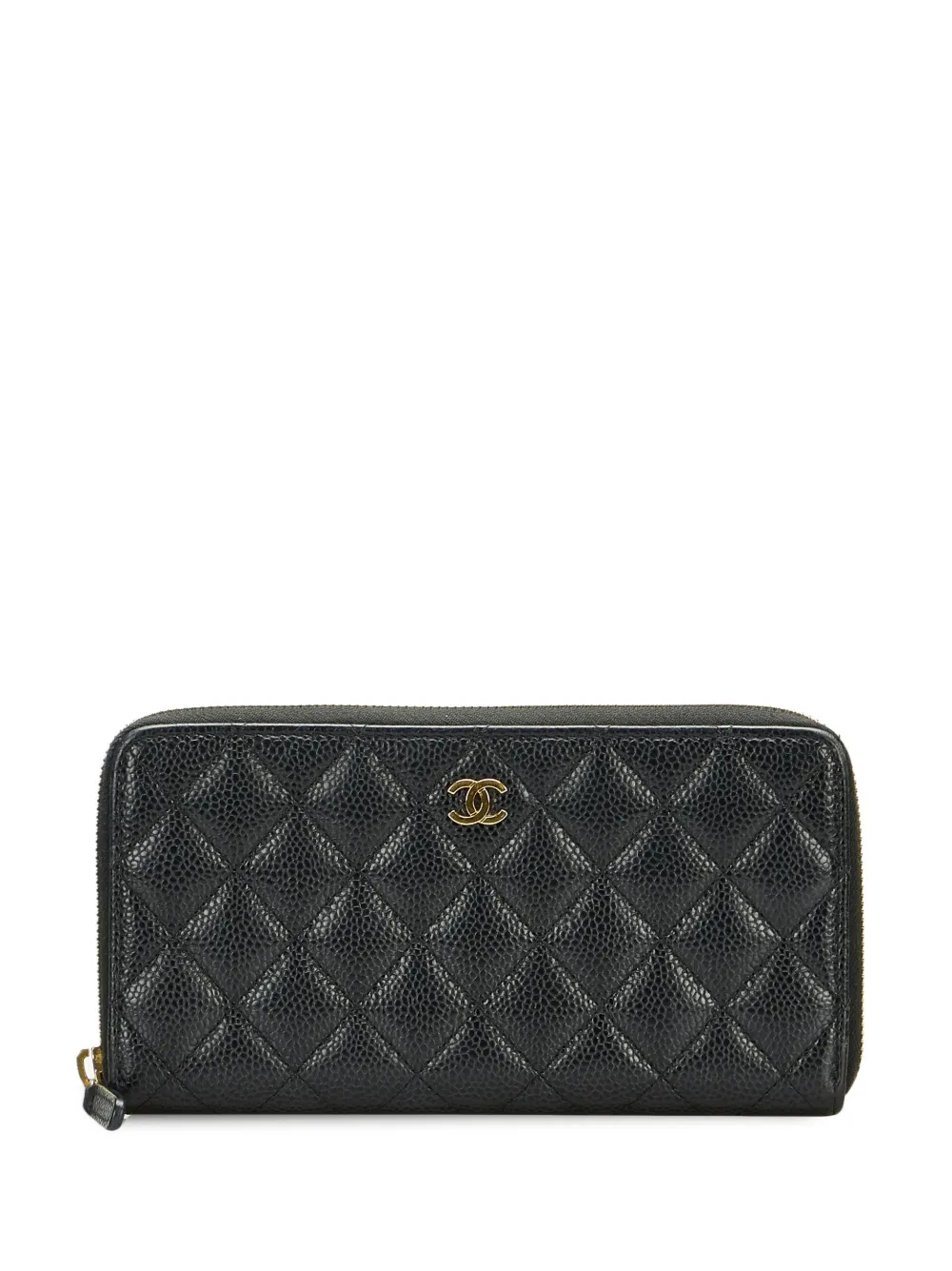 Pre-owned Chanel Caviar Matelasse Zip Around Wallet In Black