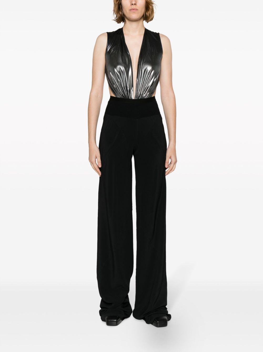 Shop Rick Owens High-waist Cotton Blend Wide-leg Trousers In Black