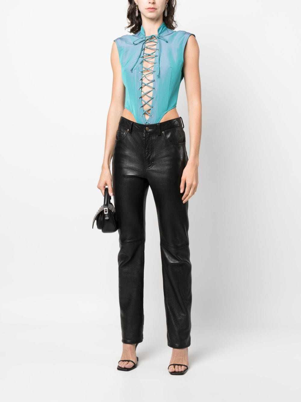 Shop Laquan Smith Sleeveless Lace-up Bodysuit In Blue