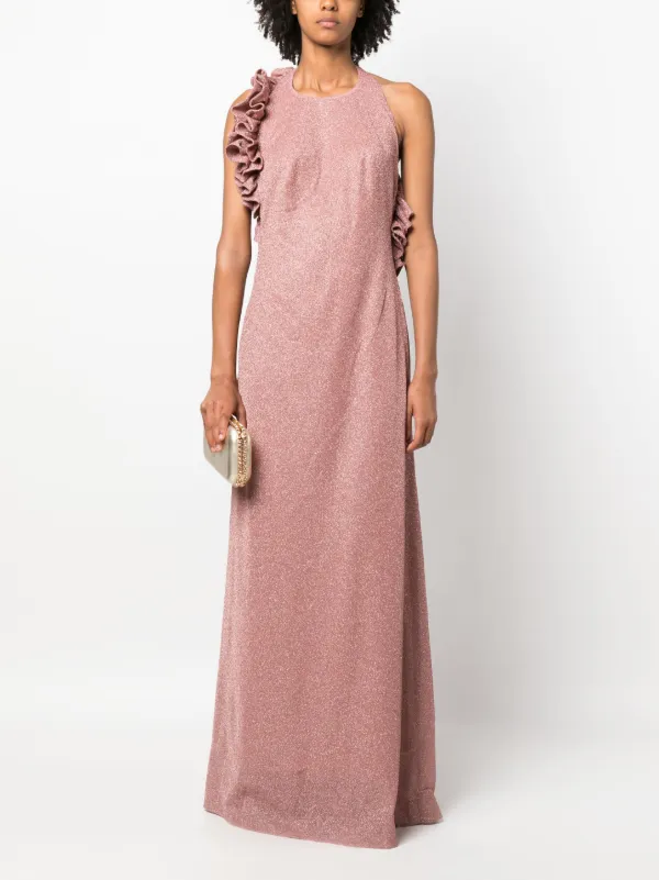 strapless open back dress Pink Metallic Halter Gown