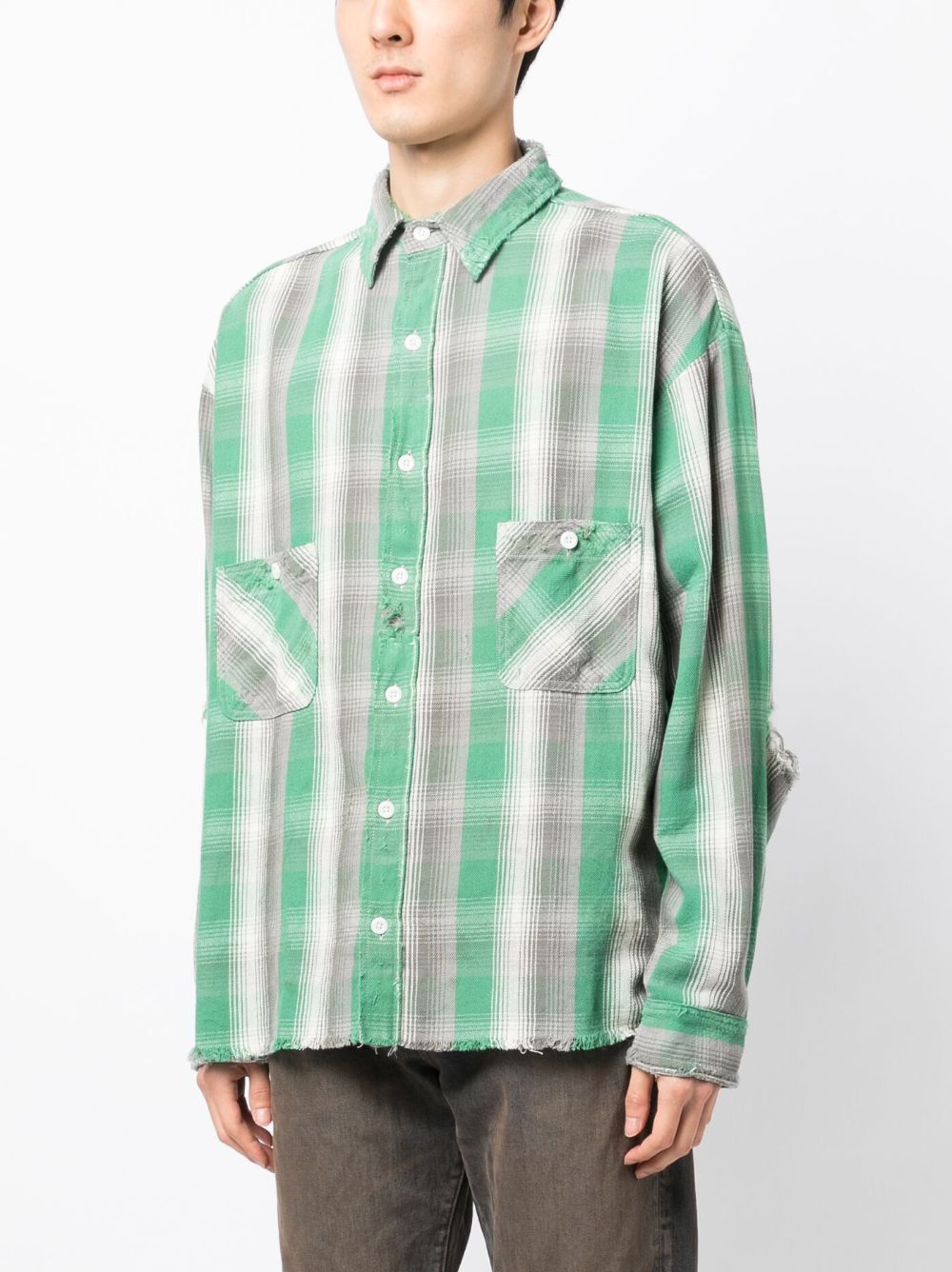 Shop Saint Mxxxxxx Check-print Ripped-detail Cotton Shirt In Green