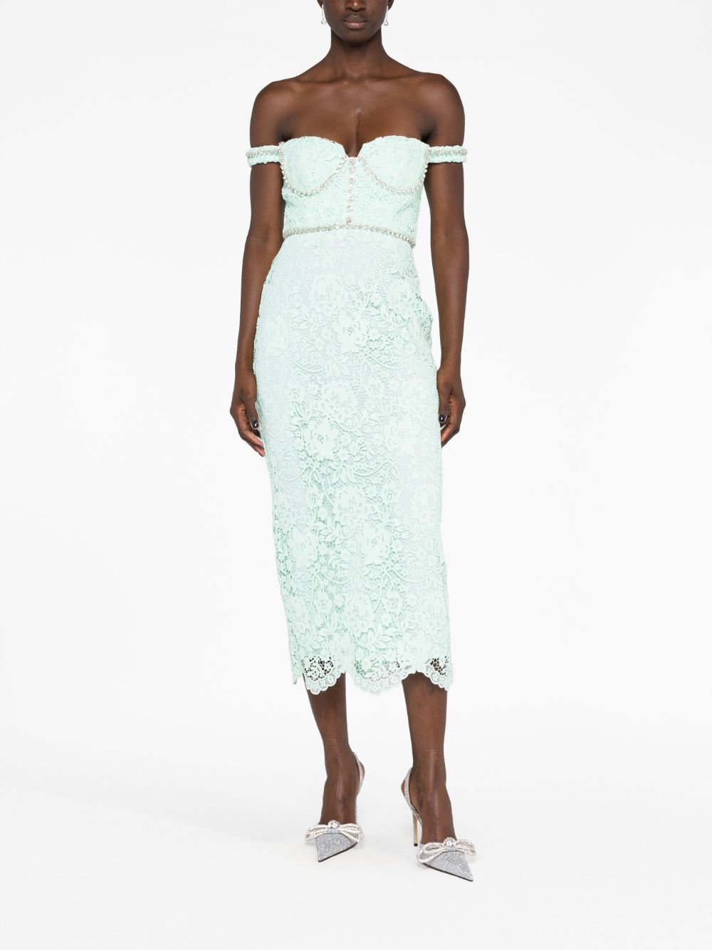 Shop Self-portrait Off-shoulder Lace Midi Dress In Green