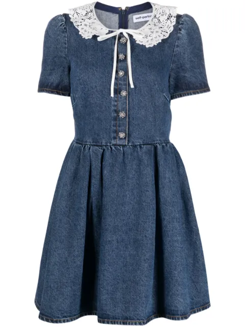 Self-Portrait lace-trim denim minidress