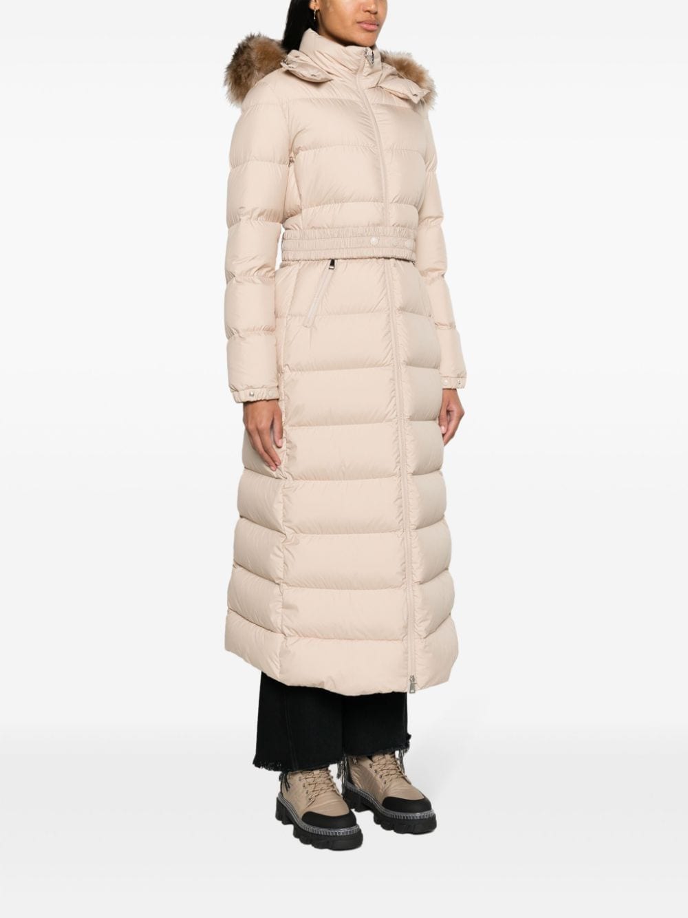 Shop Moncler Fudson Long Coat W Faux Fur Hood In Neutrals