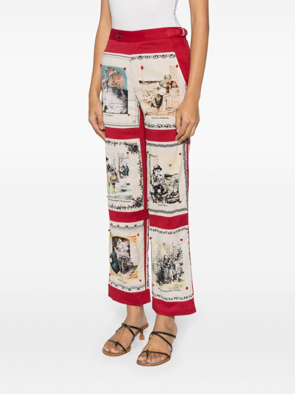 Shop Bode Graphic-print Cotton High-waisted Trousers In Red