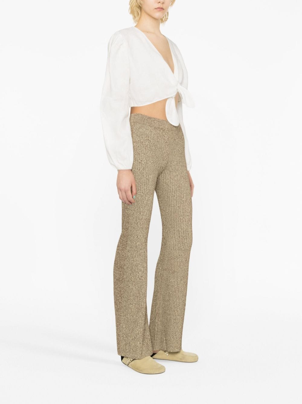 Shop Ganni Ribbed-knit Flared Trousers In Brown