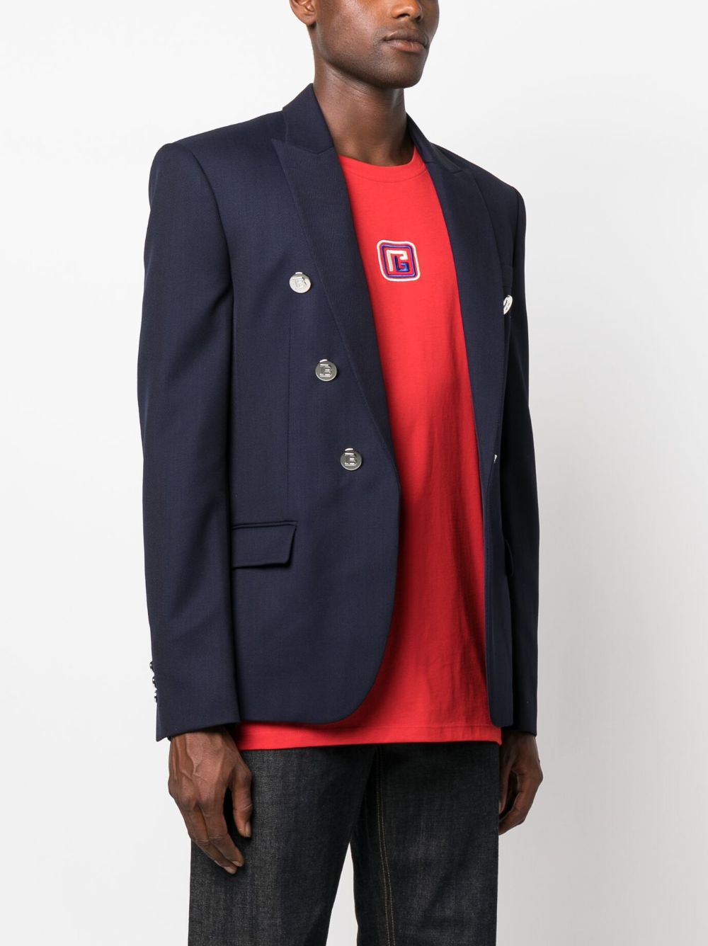 Shop Balmain Embossed-button Double-breasted Blazer In Blue