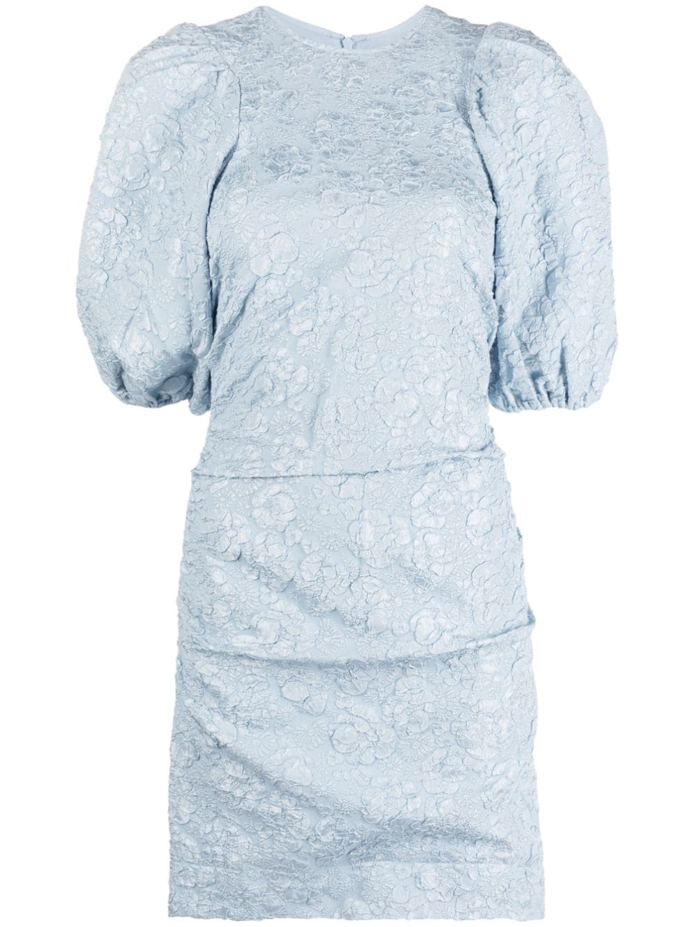 Shop Ganni Floral-jacquard Puff-sleeve Dress In Blue