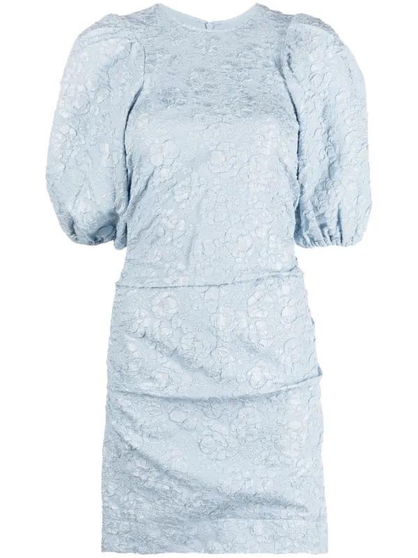 GANNI floral-jacquard puff-sleeve Dress | Blue