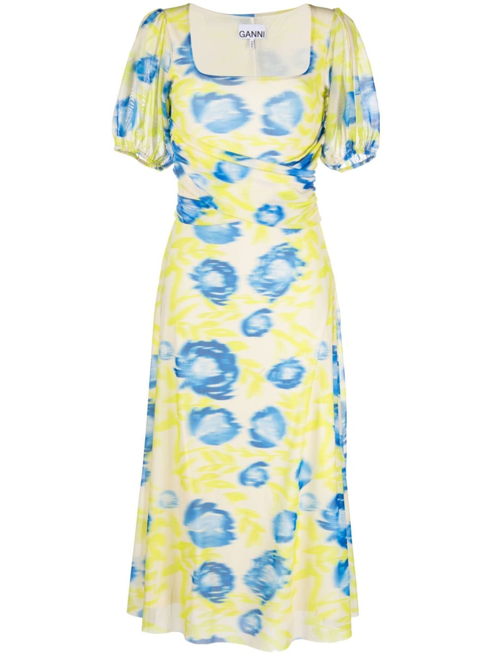 Ganni Floral-print Midi Dress In Blue