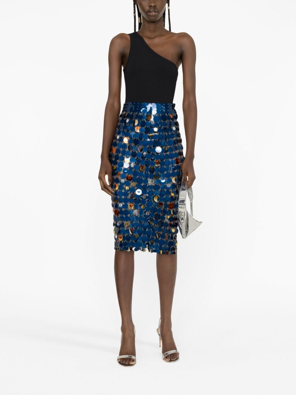 Shop Rabanne Paillette-chainmail Pencil Midi Skirt In Blue