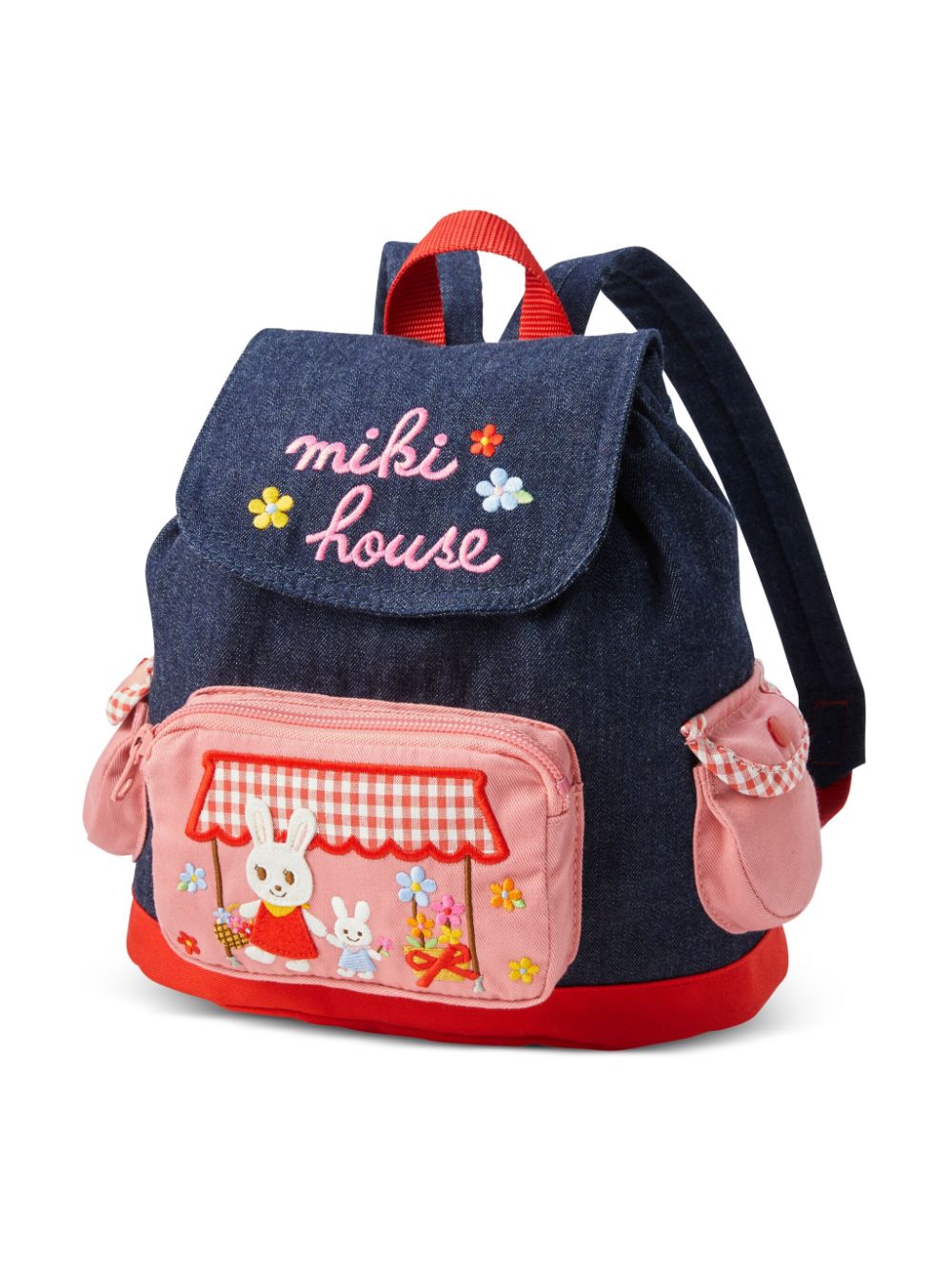 Miki House bunny-embroidered denim backpack - Blue