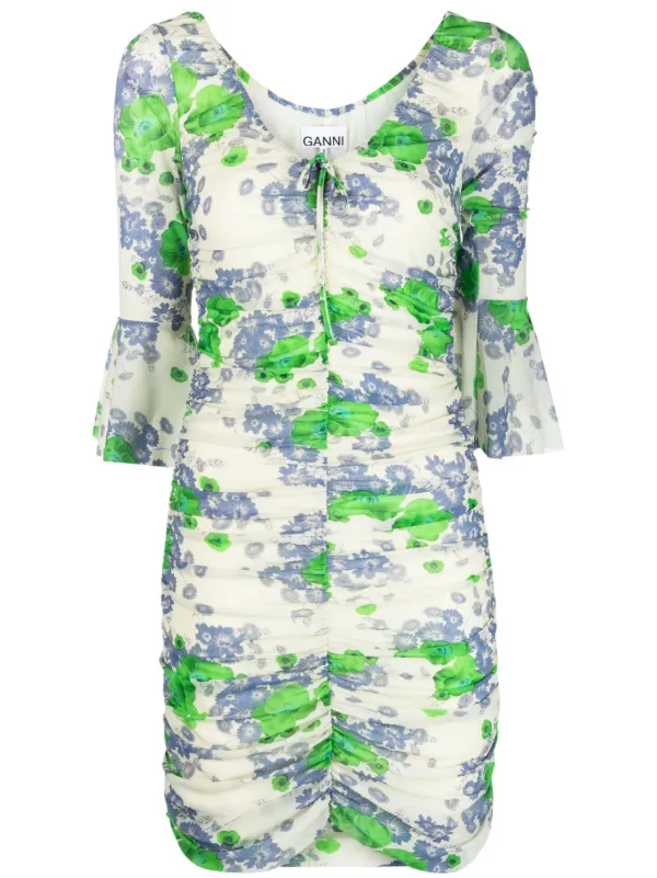 GANNI floral-print Ruched Minidress | Neutrals | FARFETCH