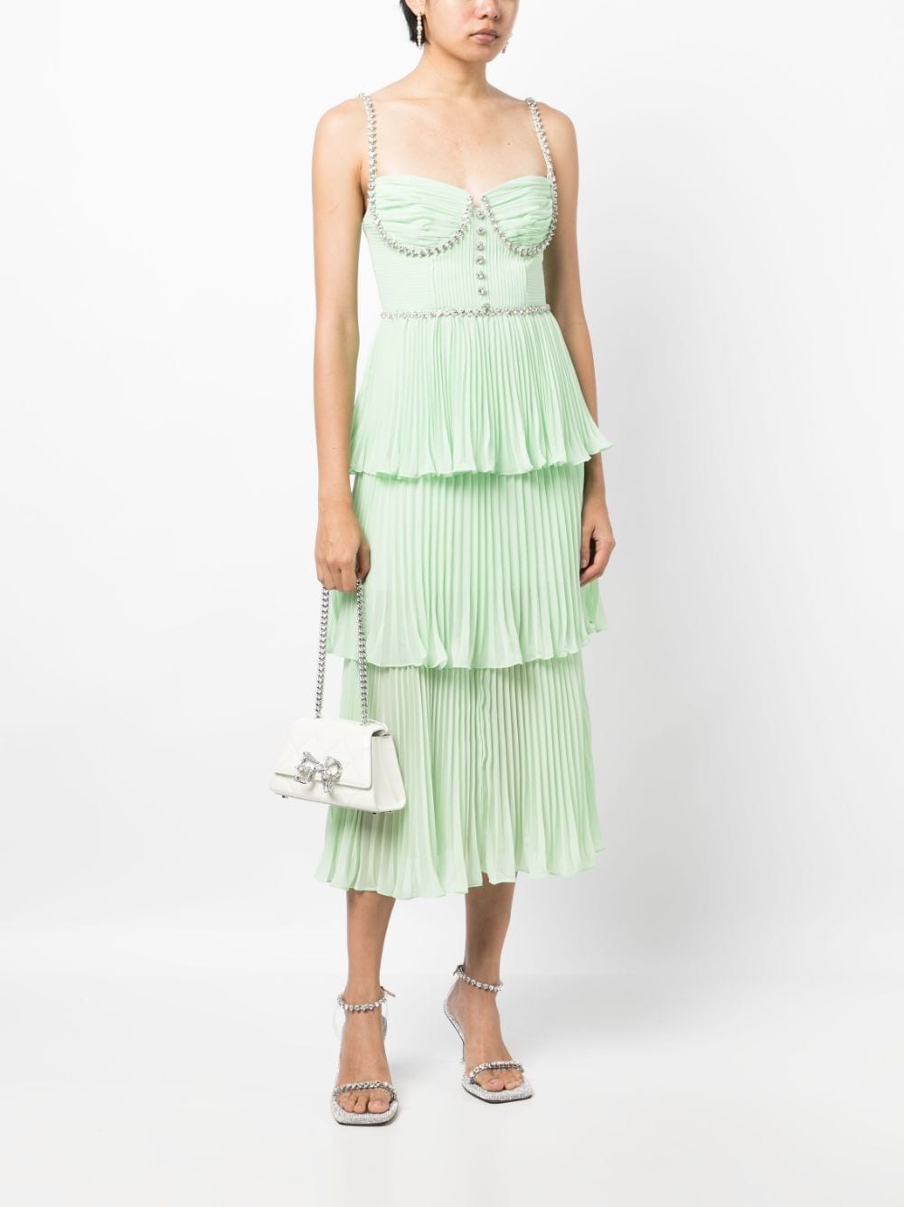 Shop Self-portrait Tiered Crystal-embellished Dress In Green