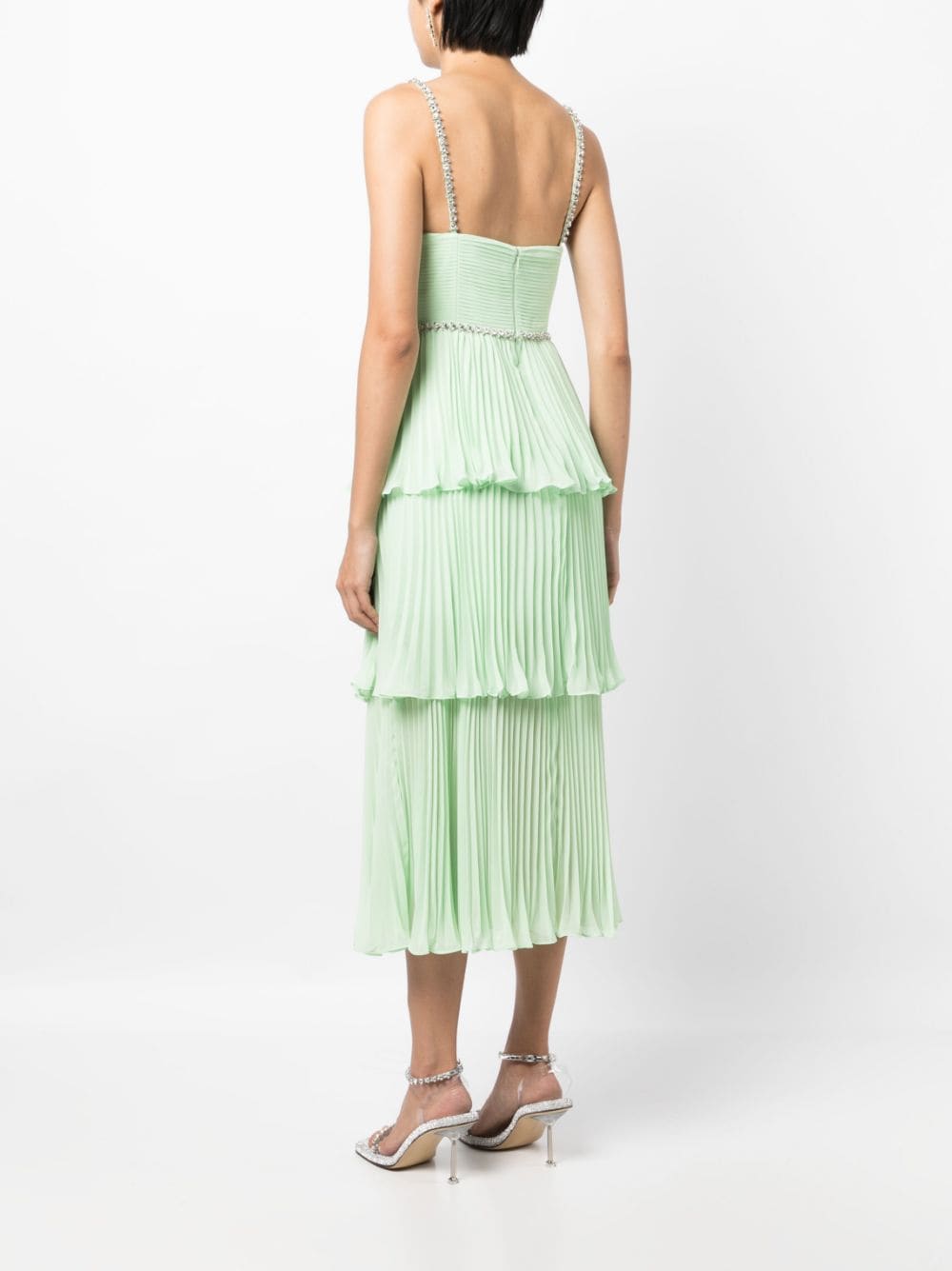 Shop Self-portrait Tiered Crystal-embellished Dress In Green