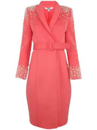 Badgley Mischka pearl embellishment Belted Dress Pink FARFETCH