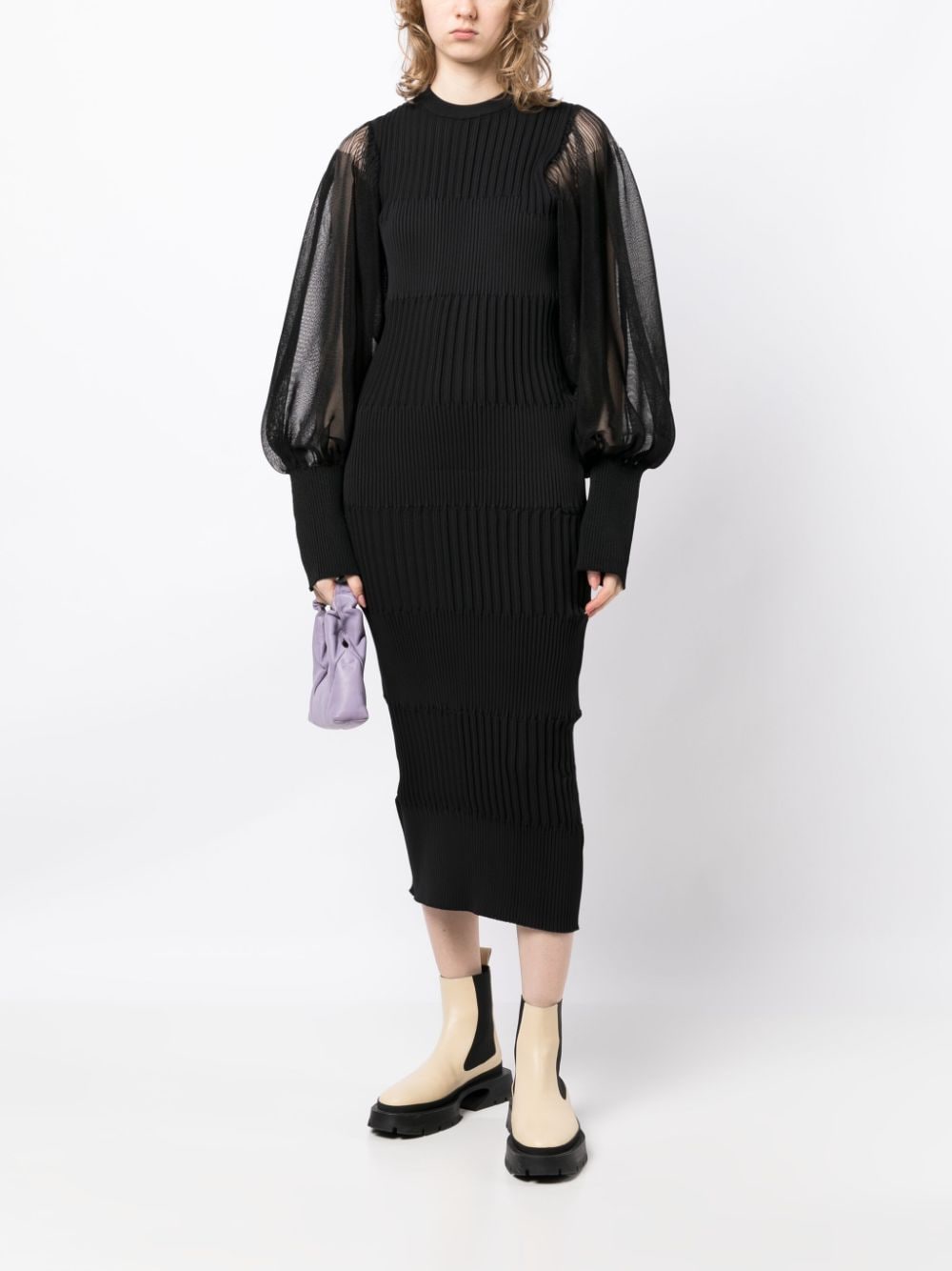 Shop Cfcl Long Sheer-sleeves Ribbed Midi Dress In Black