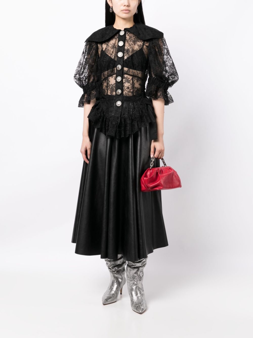 Shop Chopova Lowena Lace-embellished Semi-sheer Top In Black