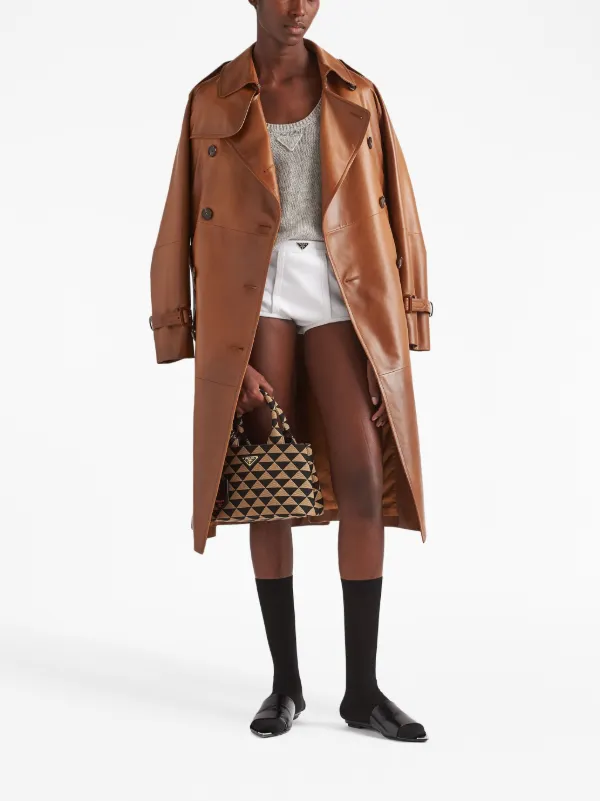 PRADA ブラウンツイードロングコート Prada レザー ダブルコート | ブラウン | FARFETCH JP