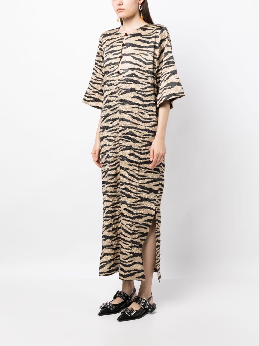 Shop Ganni Tiger-print Crinkled Maxi Dress In Brown