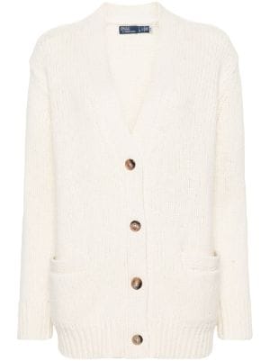 Ralph Lauren Womens Sweater L Ivory Fishermans Cardigan Wool Metal Button  Cable