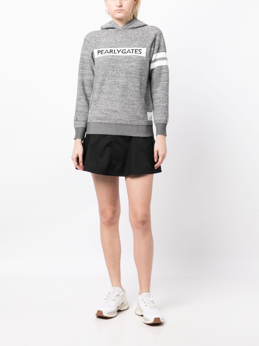 Shop Pearly Gates Intarsia-knit Logo Hooded Jumper In Grey
