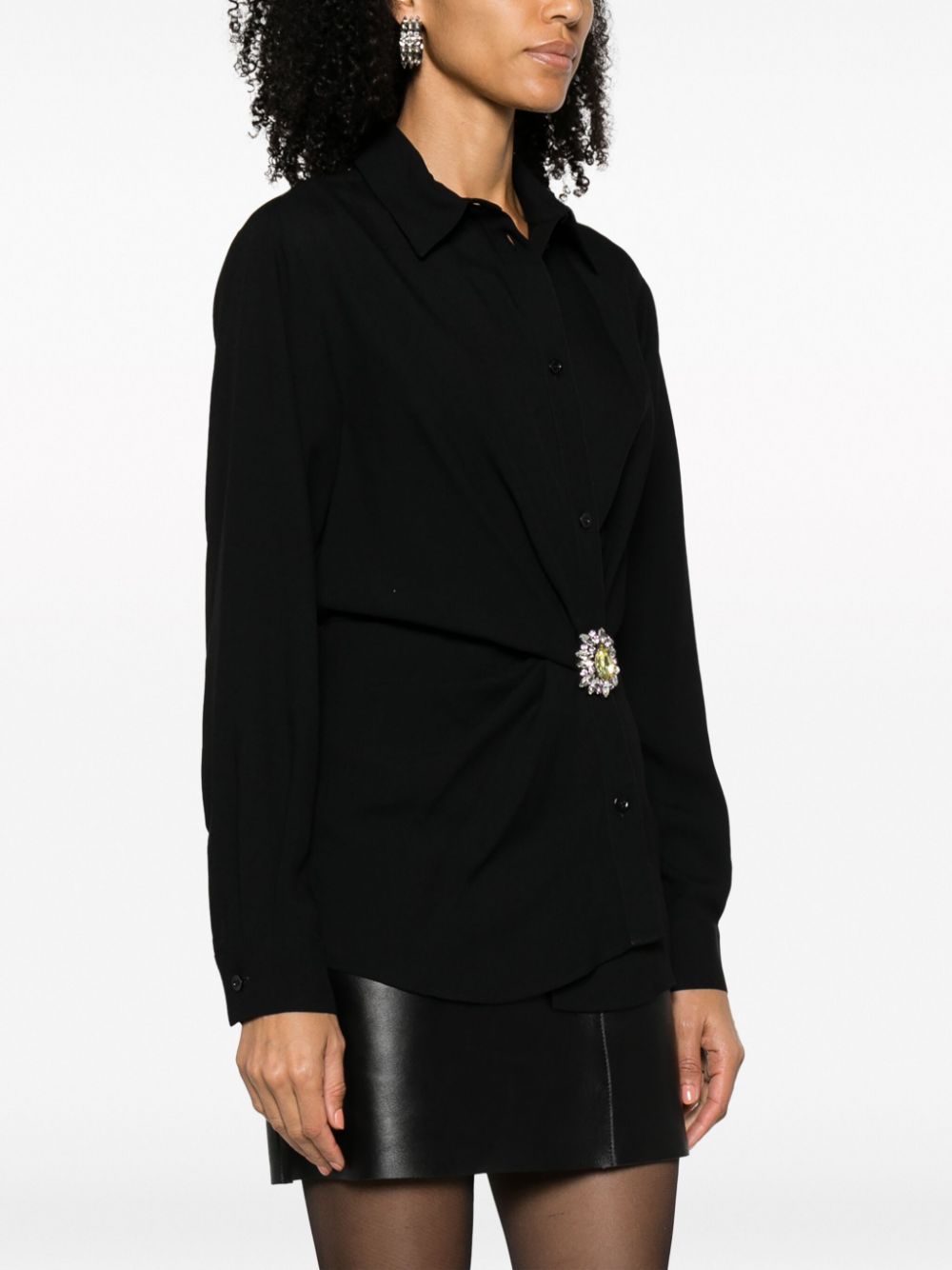 Shop Moschino Brooch-embellished Gathered Shirt In Black