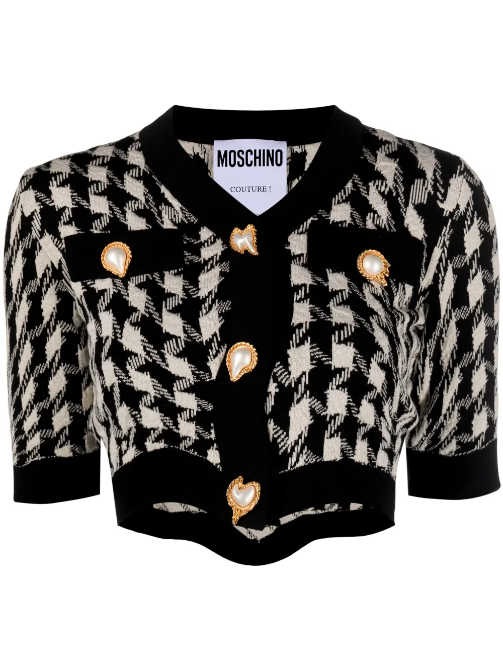 Moschino Morphed Houndstooth Ribbed-knit Cropped Top In 黑色