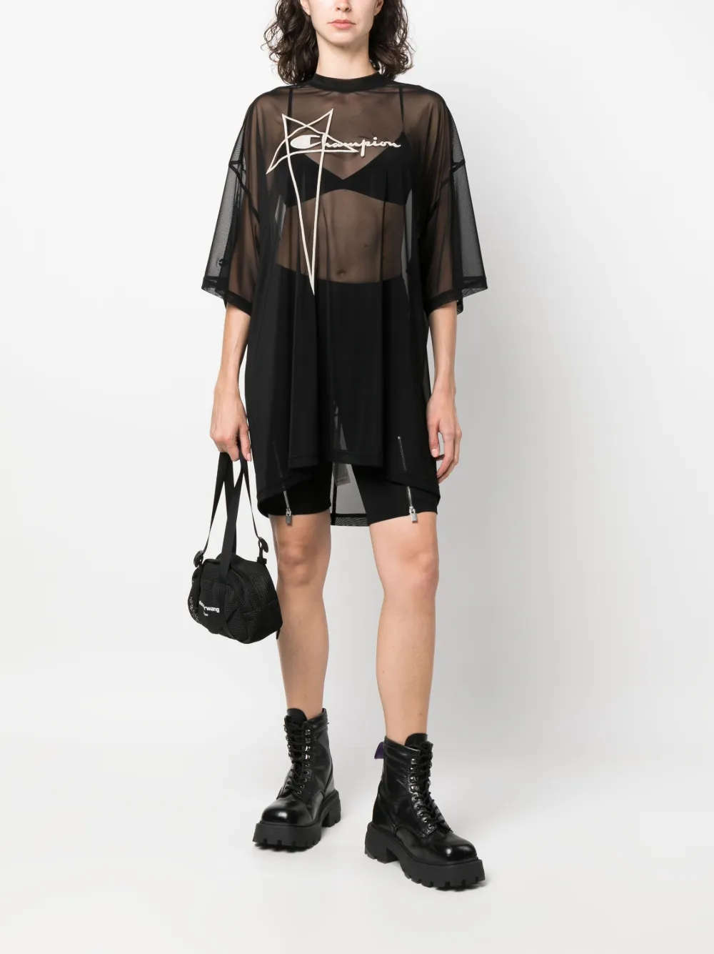 Rick Owens X Champion logo-embroidered sheer oversized T-shirt - Zwart