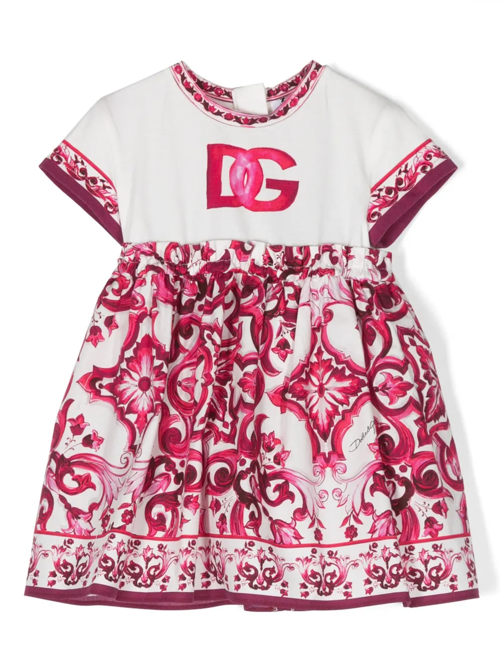 Dolce & Gabbana Babies' Majolica-print Cotton Dress In Tris Maioliche Fuxia