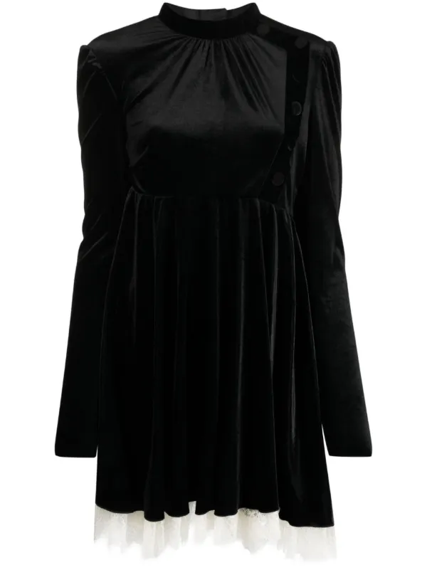 knee length dresses for ladies Black Chinese Original Design / Velvet Goth Dress Lantern Sleeve Mesh Stitching main image 0