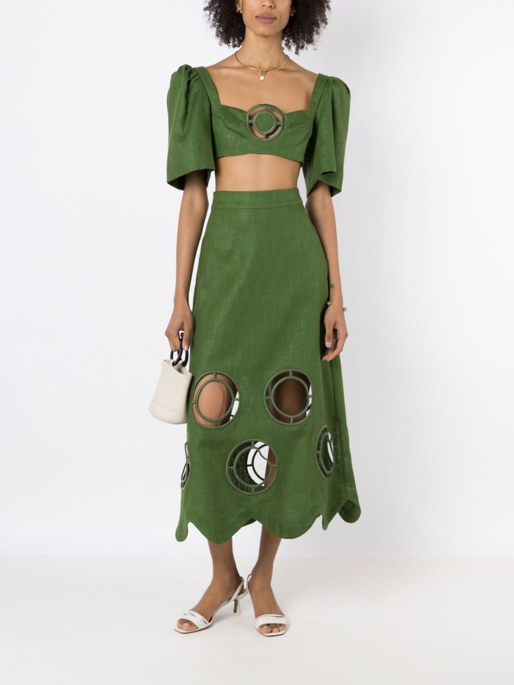 Shop Adriana Degreas Embroidered Cut-out Cropped Blouse In Green