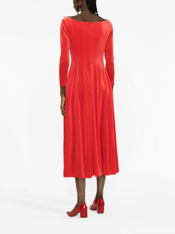 chinese dress ladies I.H.F Red Round Neckline Draped Velvet Gown with Black Lace main image 1
