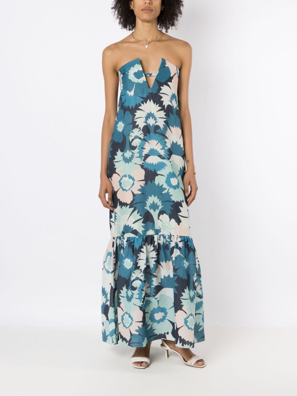 Shop Adriana Degreas Floral-print Strapless Dress In Blue