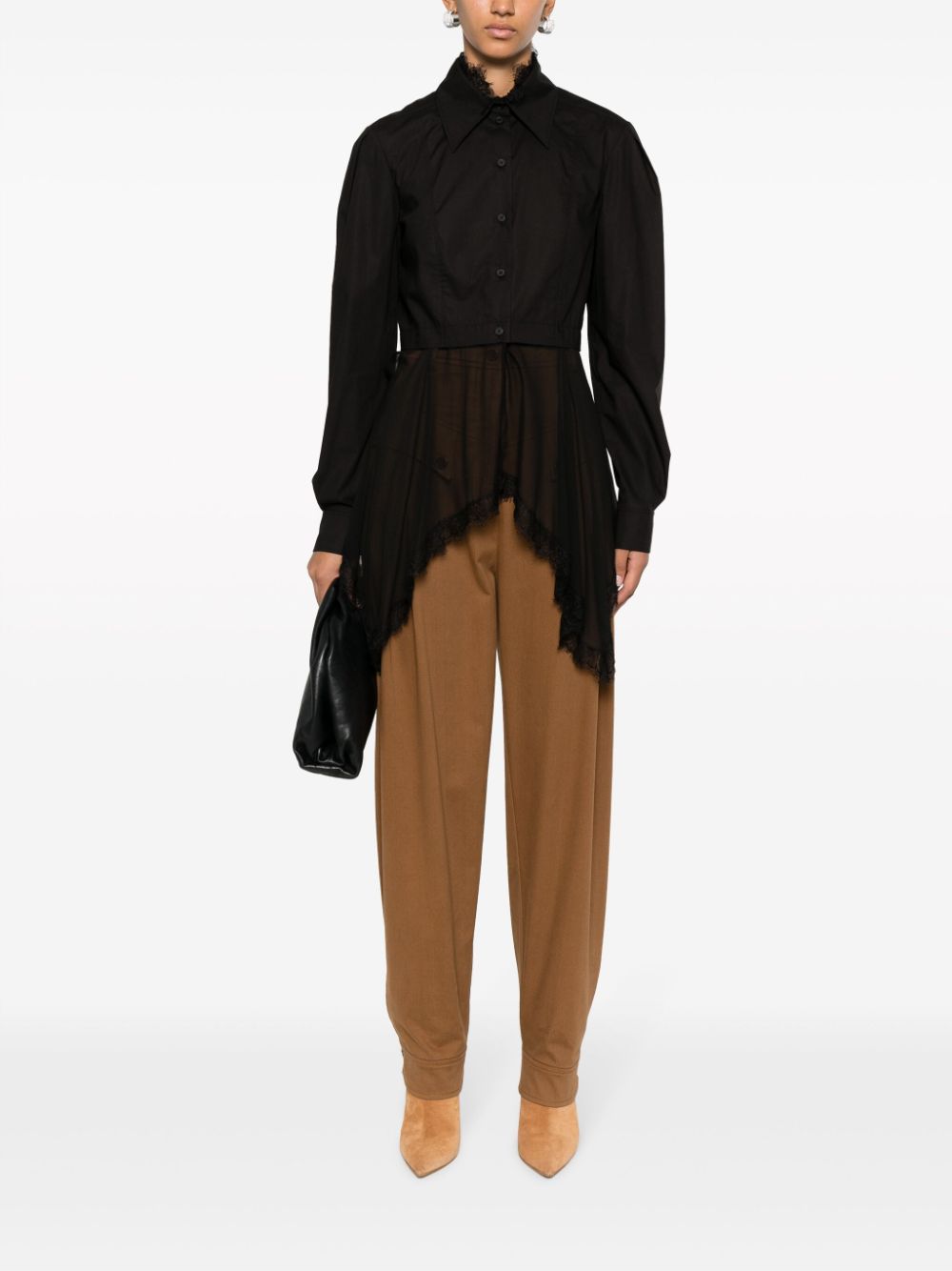 Alberta Ferretti lace-appliqué asymmetric-hem shirt - Zwart