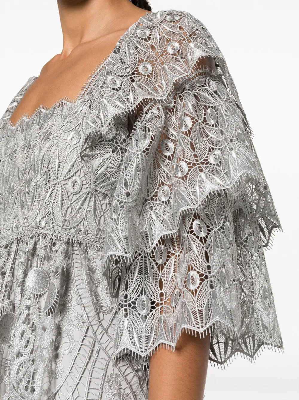 Alberta Ferretti Maxi-jurk met pofmouwen en kant Grijs